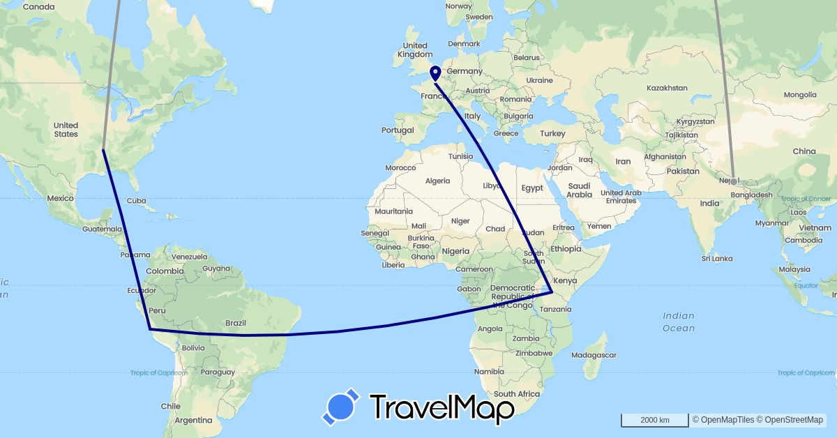 TravelMap itinerary: driving, plane in France, Nepal, Peru, Tanzania, United States (Africa, Asia, Europe, North America, South America)